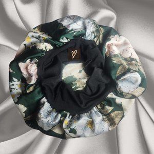 Green Floral Wide Band Satin Sleeping Bonnet, Satin Hair Cap, Satin Hair Bonnet